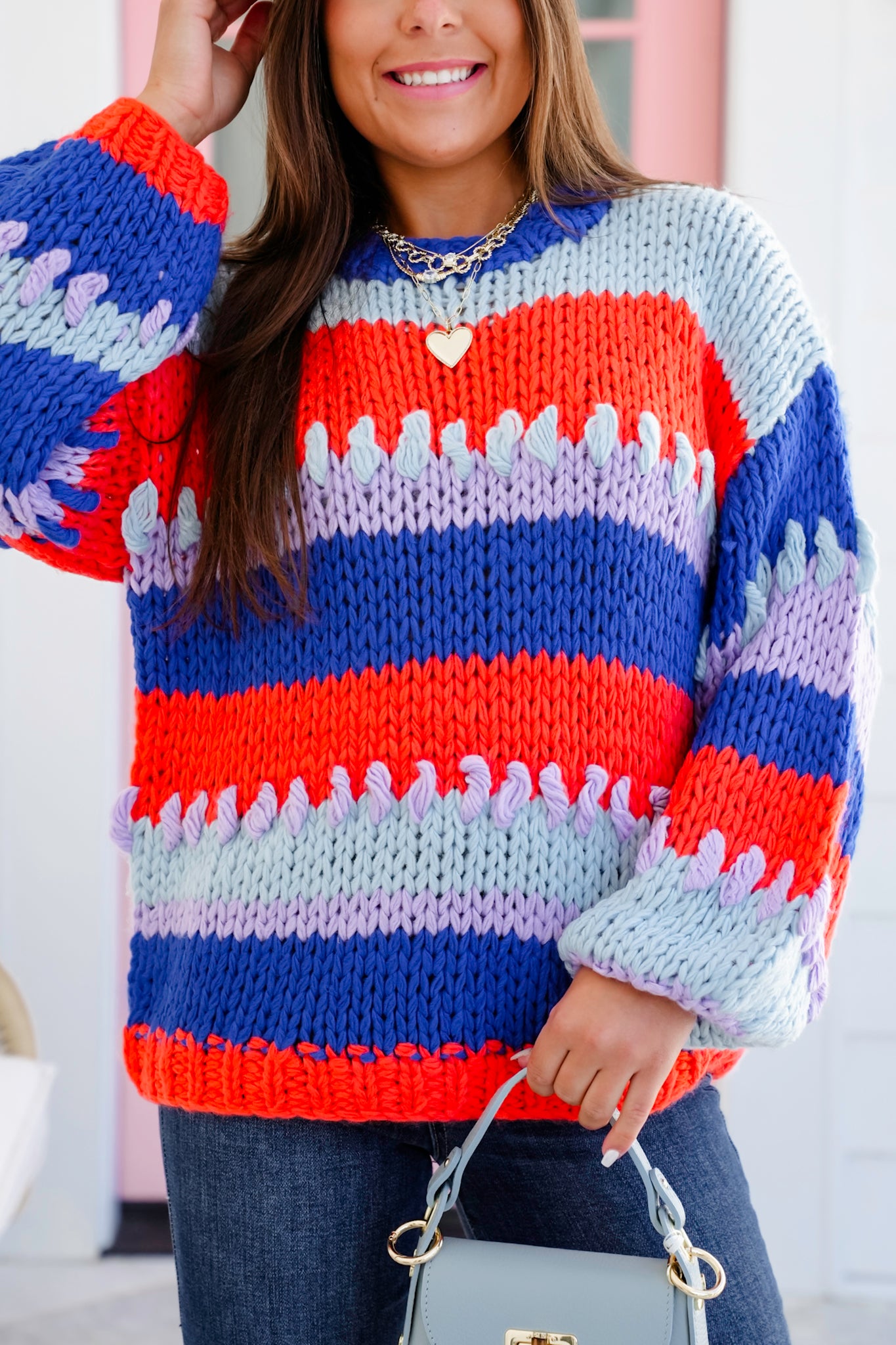 Crochet Wide Stripe Long Sleeve Pullover Sweater