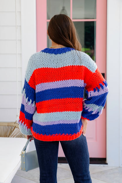 Crochet Wide Stripe Long Sleeve Pullover Sweater
