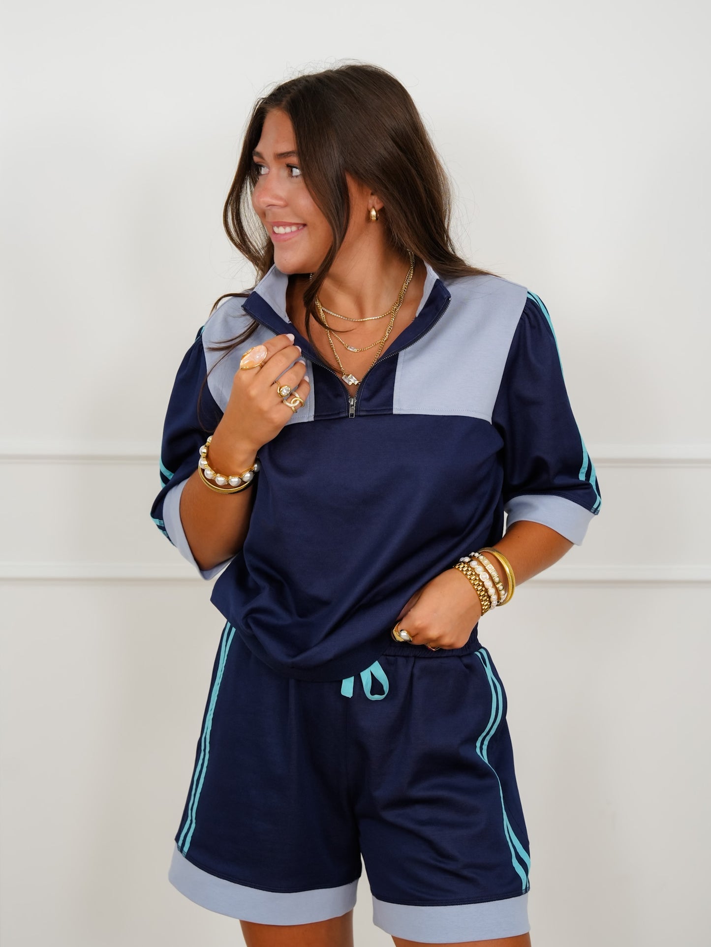 Color Block Short Sleeve 1/4 Zip Top