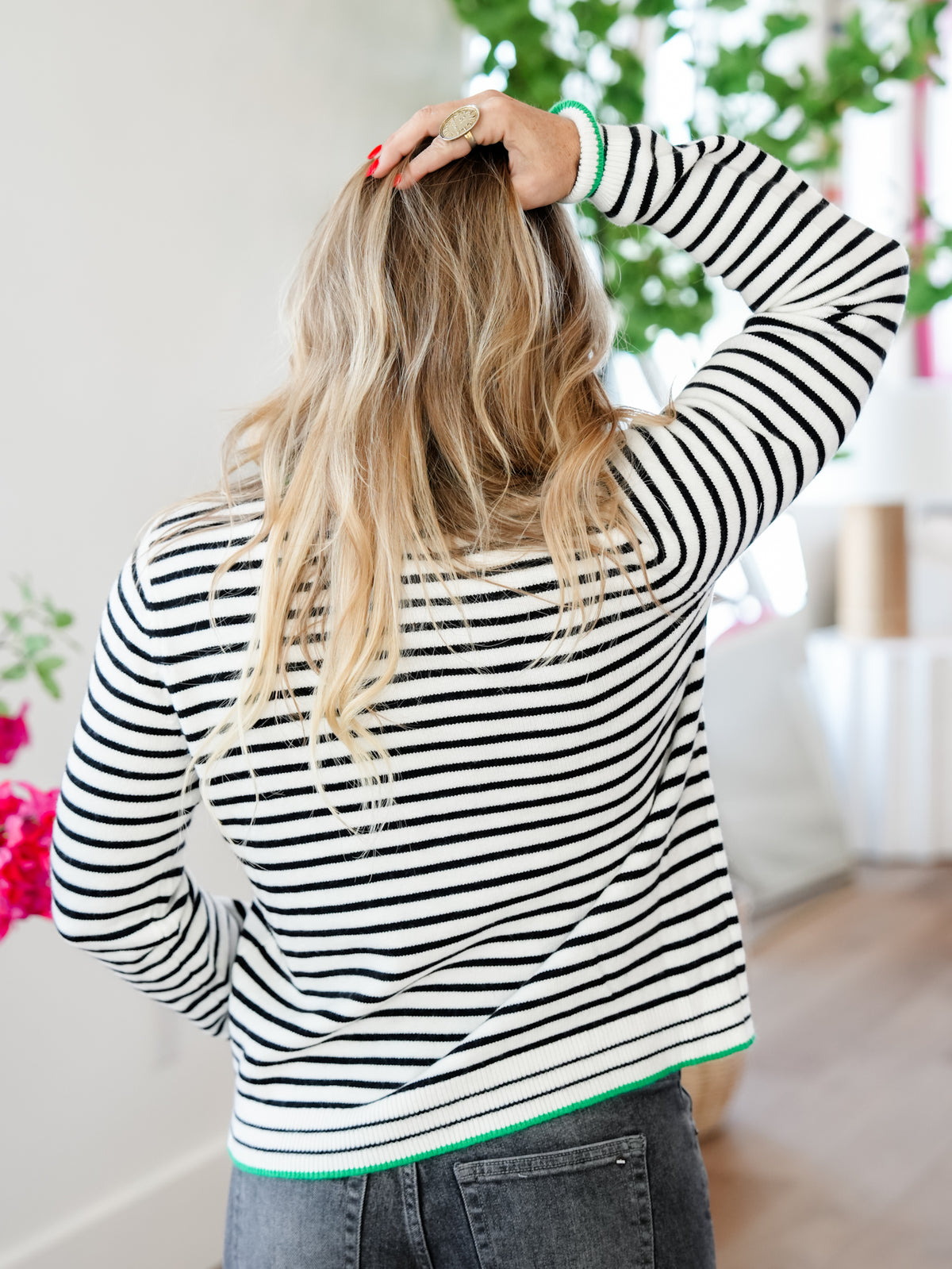 Stripe Long Sleeve Button Down Cardigan with Contrast Trim