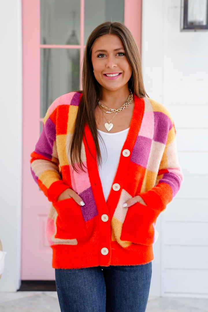 Fuzzy Checkered Long Sleeve Button Down Cardigan