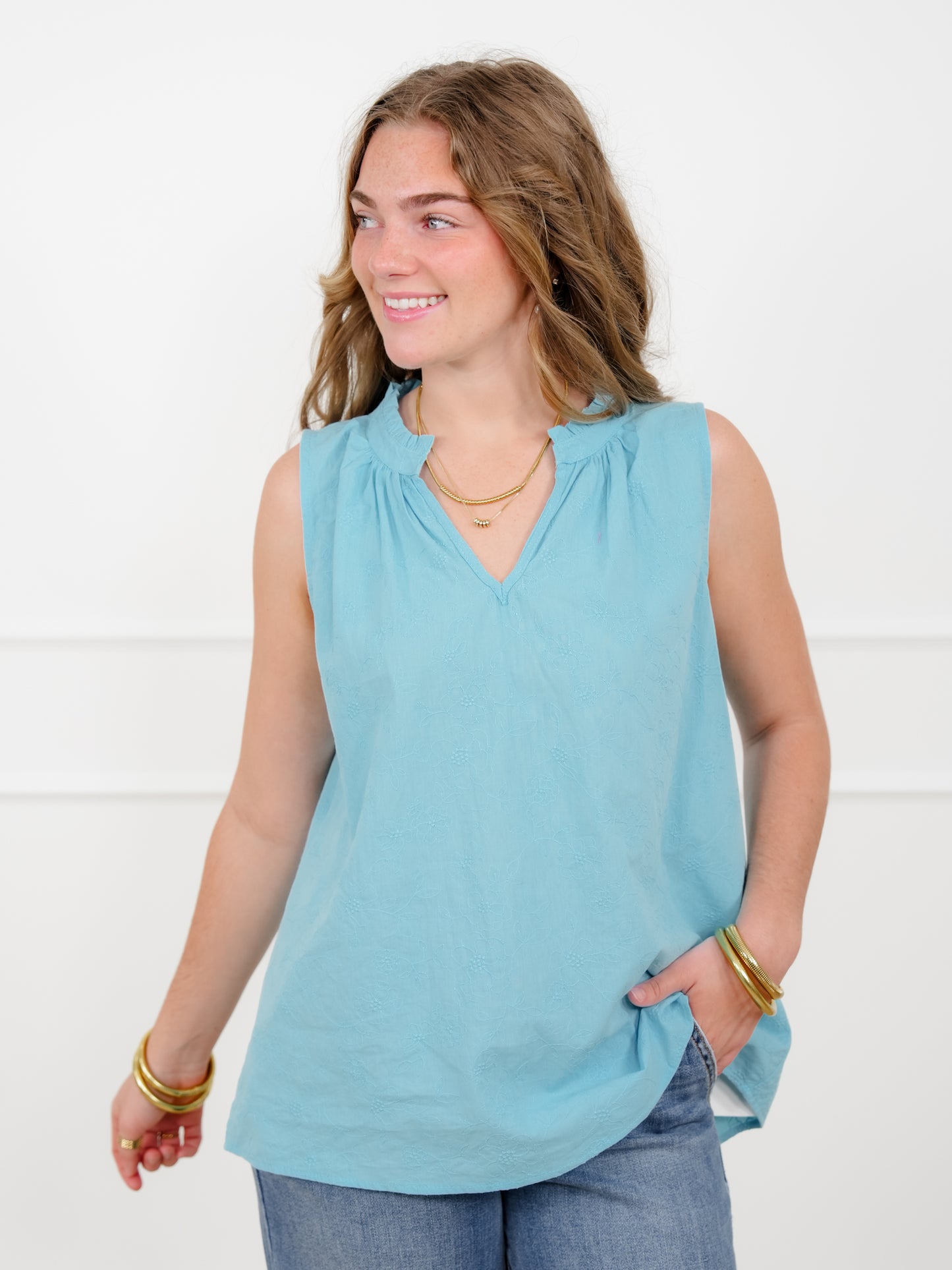 Door Buster! Plus/Reg Embroidered Floral Sleeveless V Neck Top