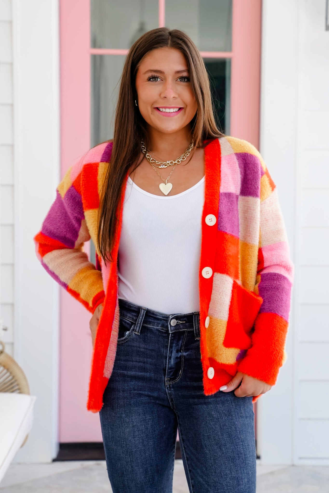 Fuzzy Checkered Long Sleeve Button Down Cardigan