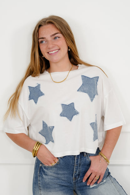 Short Sleeve Star Patch Crew Neck Top