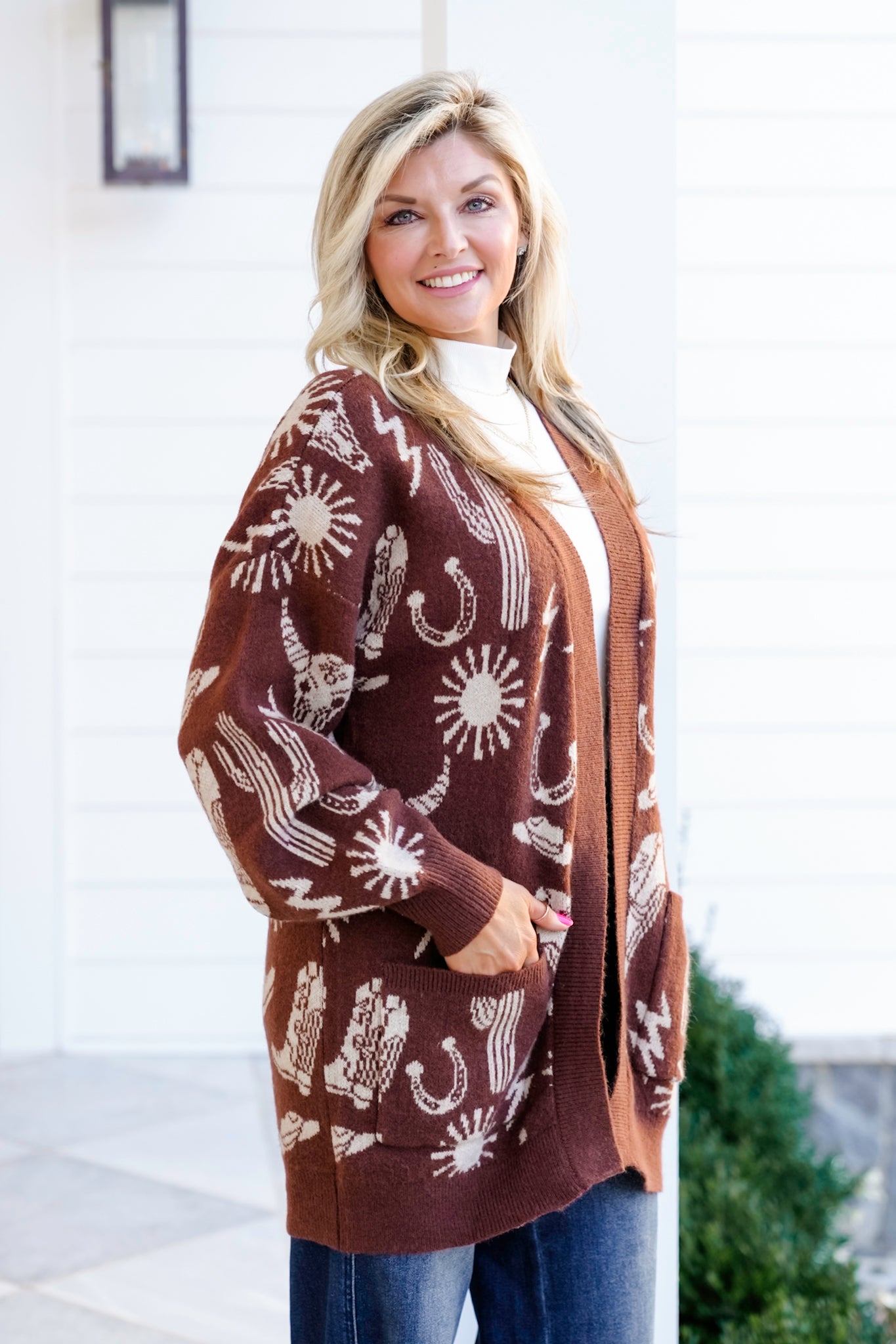 Western Pattern Long Sleeve Knit Cardigan Sweater