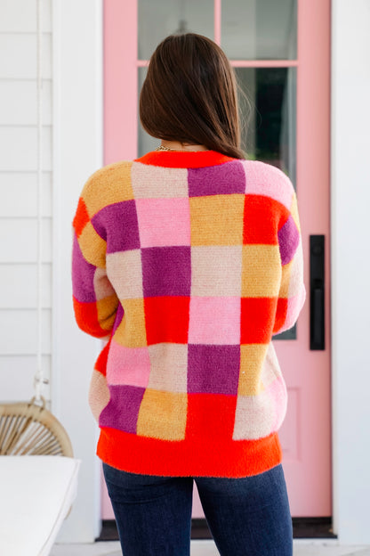 Fuzzy Checkered Long Sleeve Button Down Cardigan