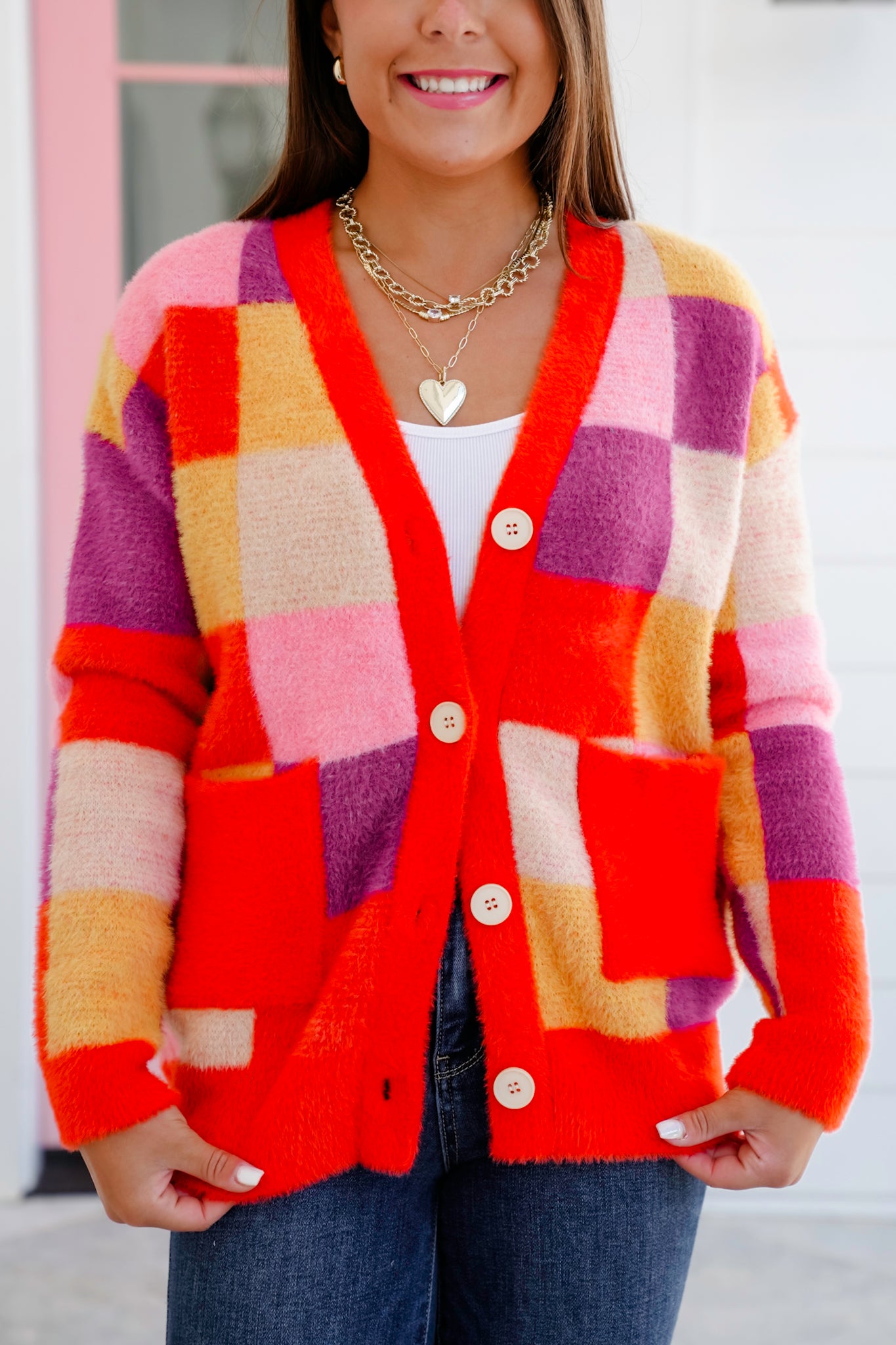 Fuzzy Checkered Long Sleeve Button Down Cardigan