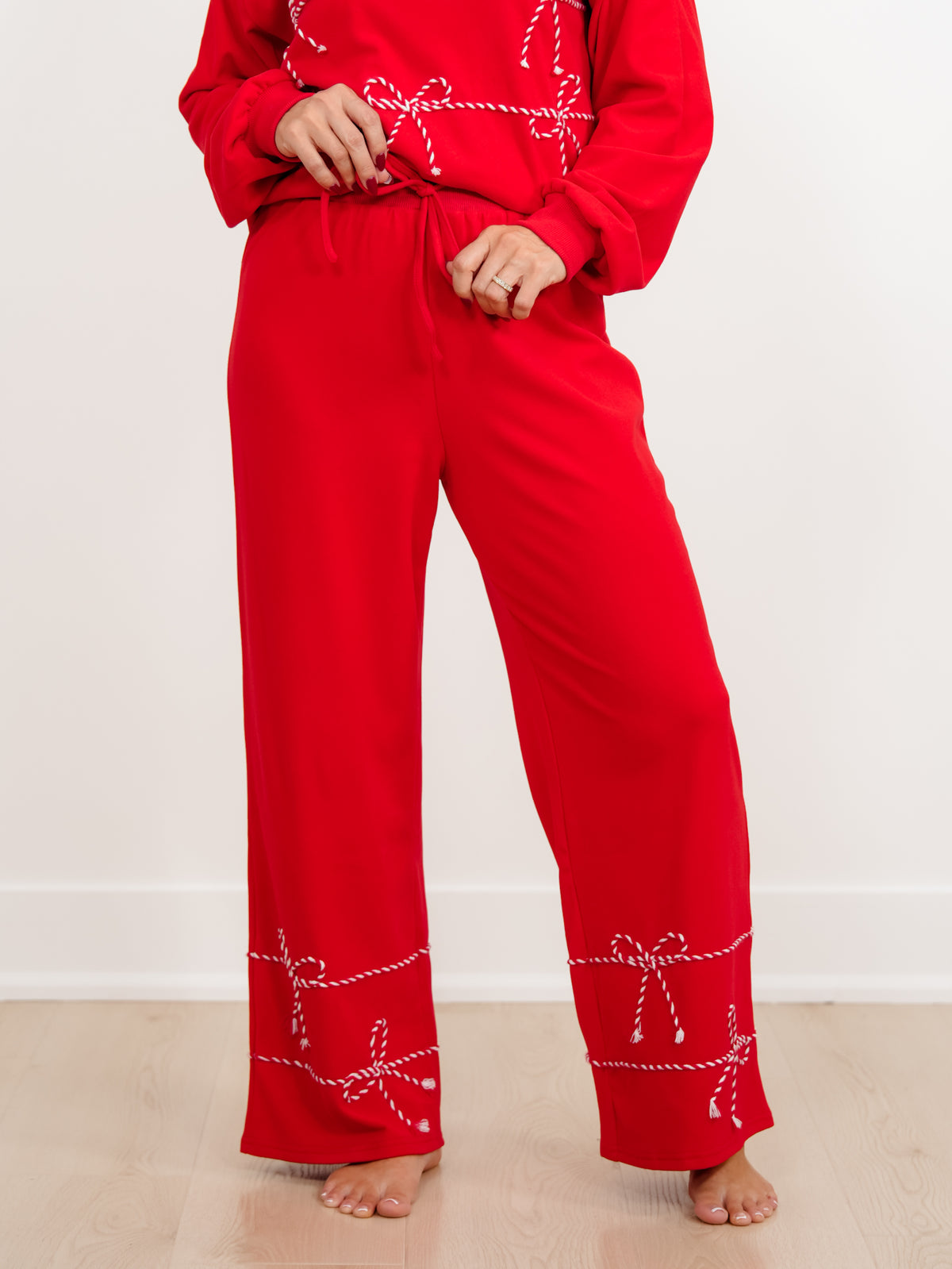 Candy Cane Bows Long Sleeve Top and Pants Lounge Set