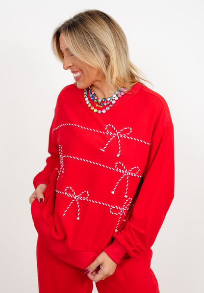 Candy Cane Bows Long Sleeve Top and Pants Lounge Set