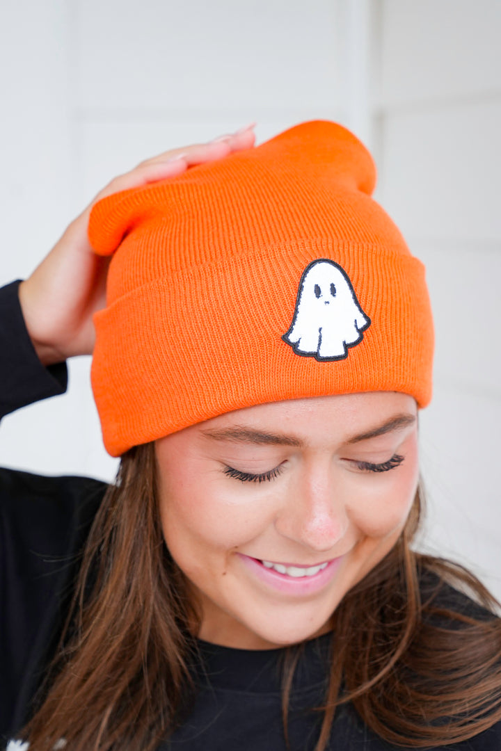Halloween Knit Beanie with Ghost Chenille Patch