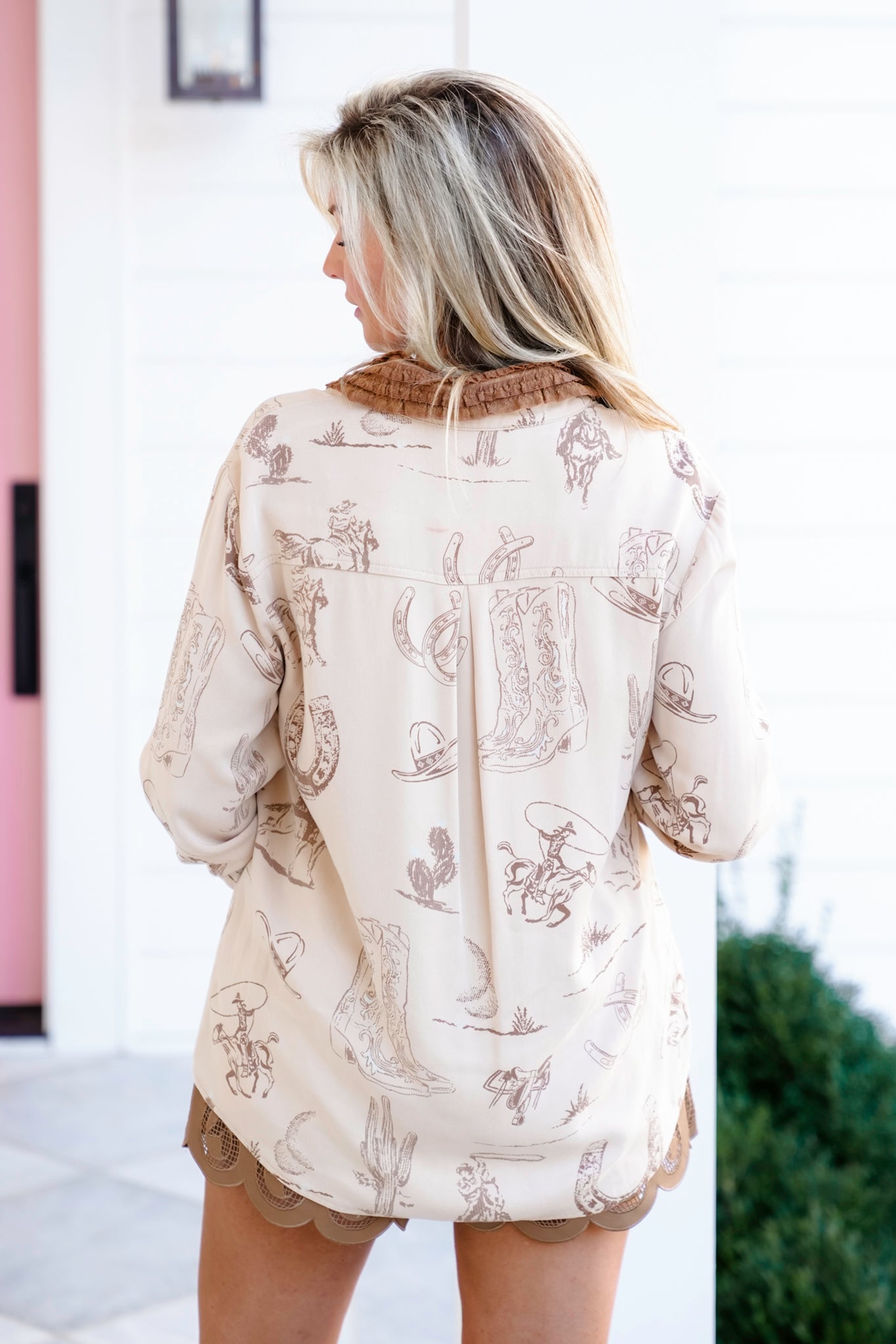 Western Print Long Sleeve Button Down Top with Ruffle Cuffs