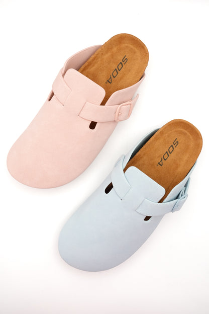 Vegan Suede Buckle Strap Closed Toe Clog Mule