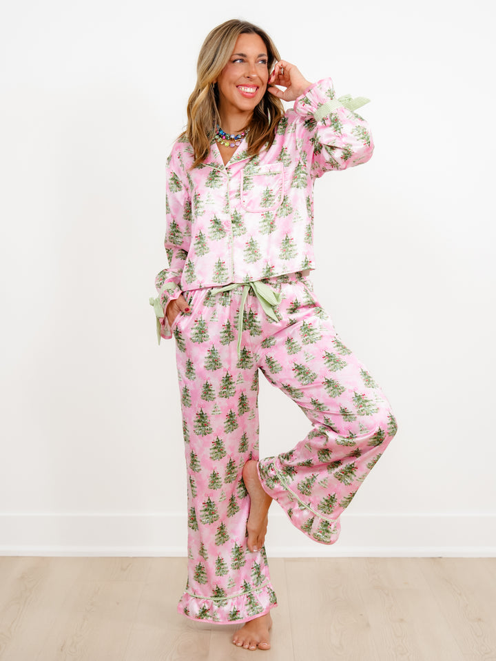 Christmas Tree Print Long Sleeve Top and Pants Lounge Set - Freckled Poppy