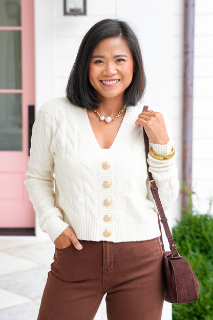 Cable Knit Long Sleeve V-Neck Cardigan