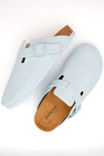 Vegan Suede Buckle Strap Closed Toe Clog Mule