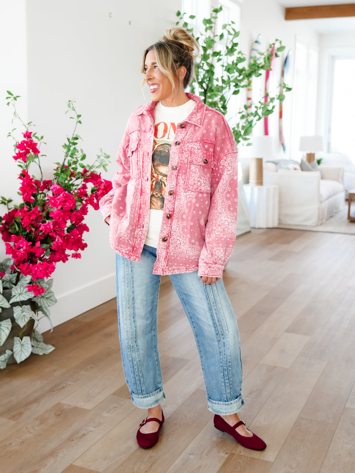Mineral Wash Paisley Print Long Sleeve Shacket - Freckled Poppy