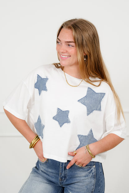 Short Sleeve Star Patch Crew Neck Top