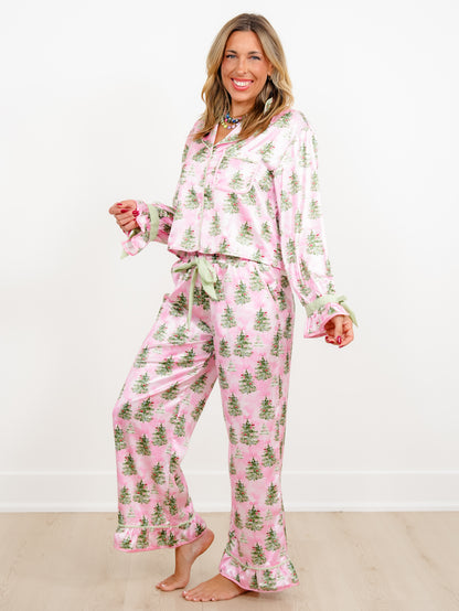 Christmas Tree Print Long Sleeve Top and Pants Lounge Set