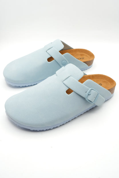 Vegan Suede Buckle Strap Closed Toe Clog Mule