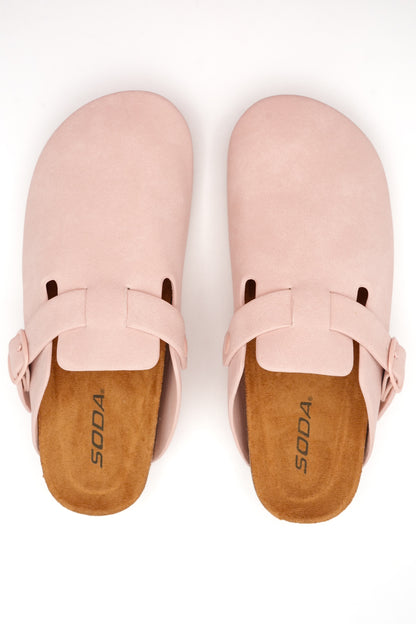 Vegan Suede Buckle Strap Closed Toe Clog Mule