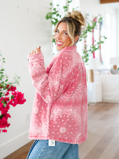 Mineral Wash Paisley Print Long Sleeve Shacket - Freckled Poppy