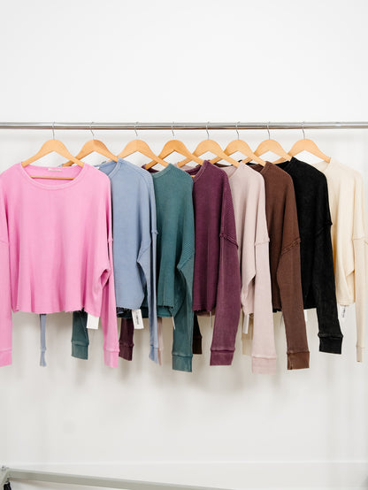 Door Buster! Mineral Wash Waffle Knit Long Sleeve Top - Freckled Poppy