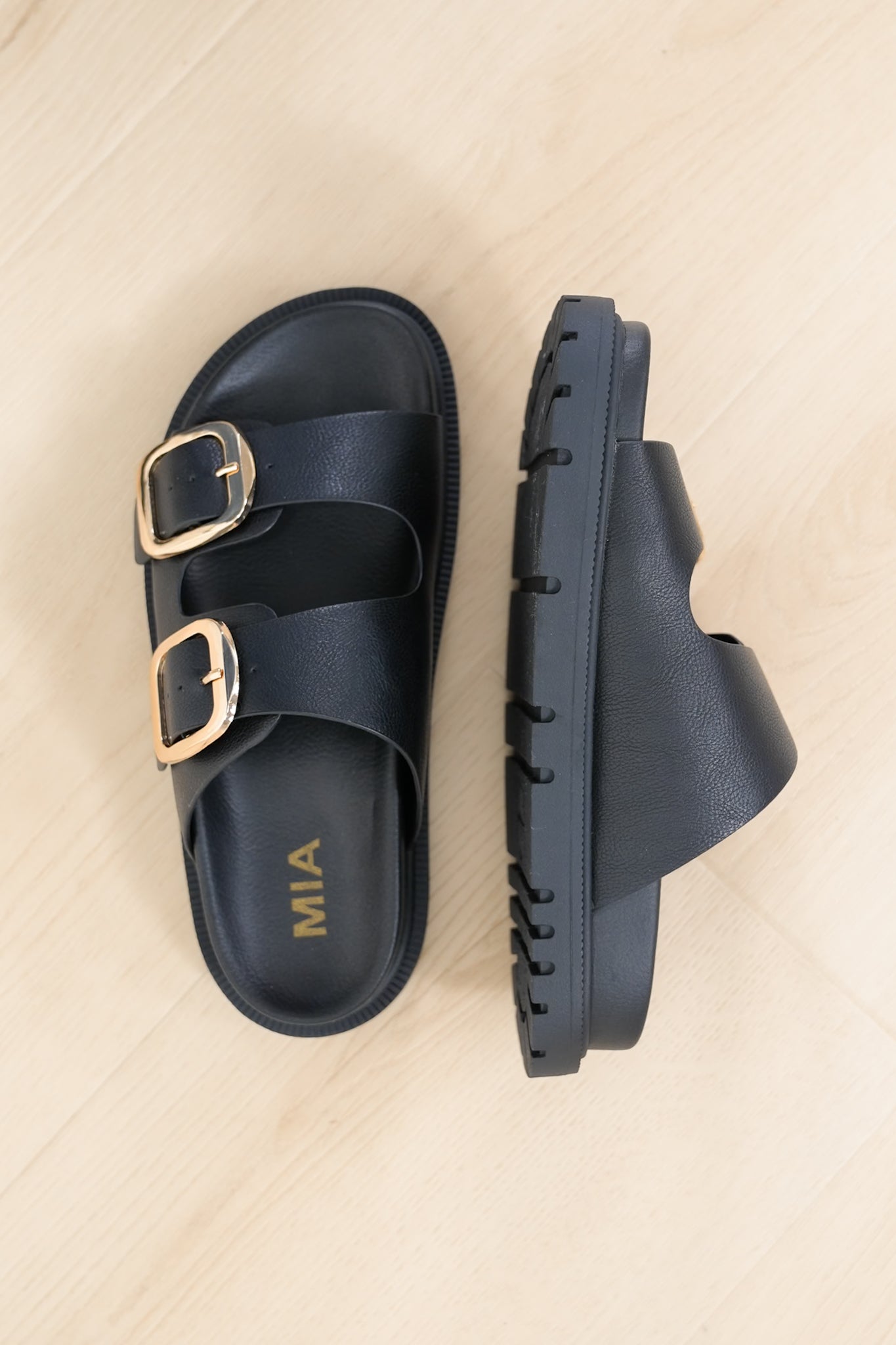 MIA Double Buckle Vegan Leather Platform Slide Sandal