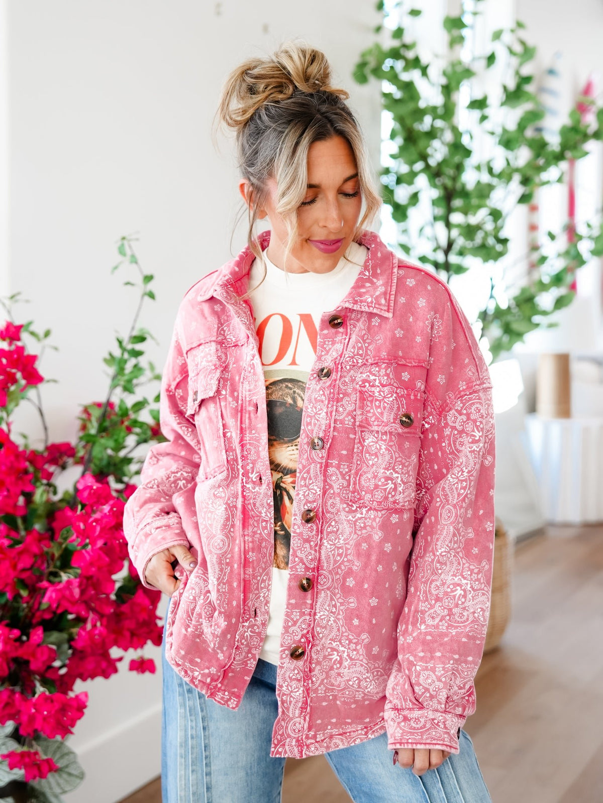 Mineral Wash Paisley Print Long Sleeve Shacket - Freckled Poppy