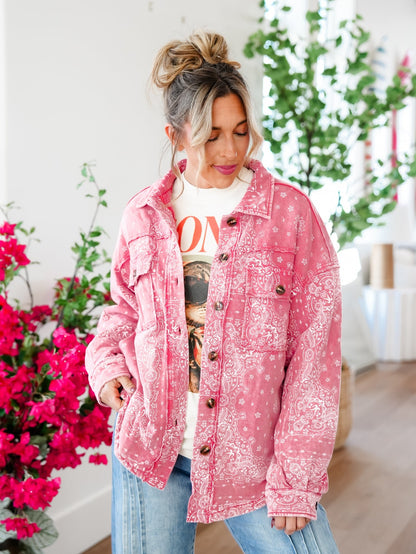 Mineral Wash Paisley Print Long Sleeve Shacket - Freckled Poppy