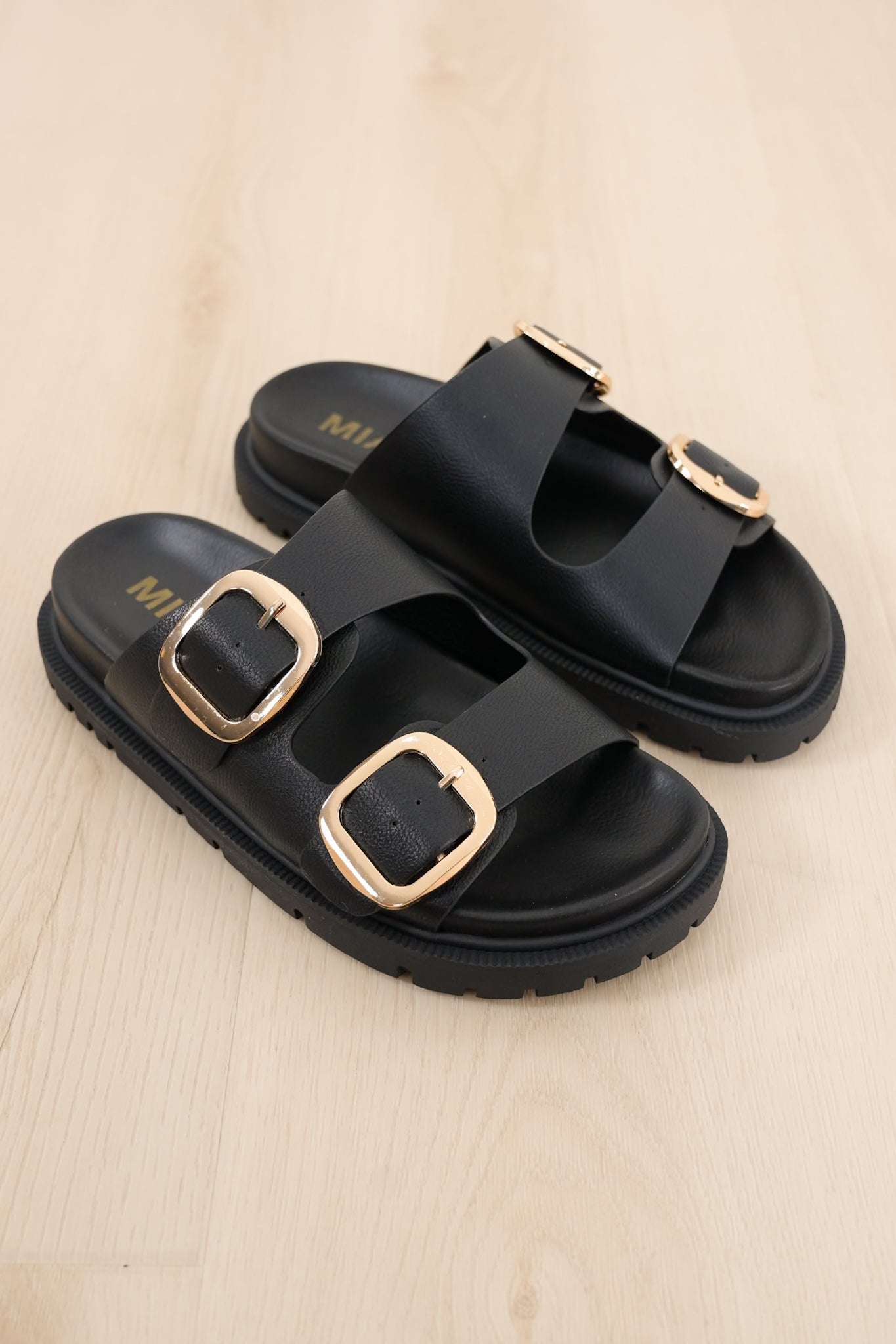 MIA Double Buckle Vegan Leather Platform Slide Sandal