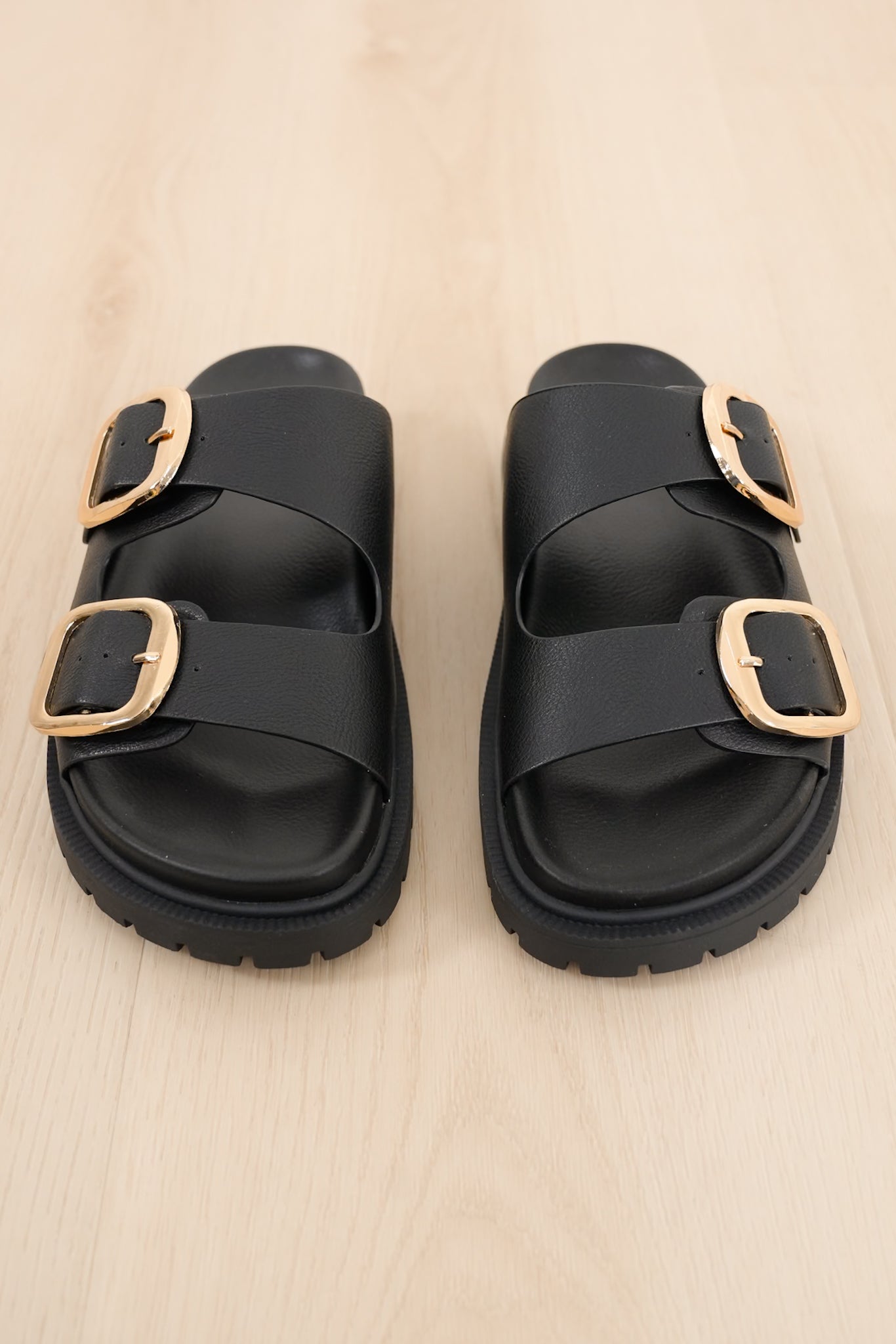 MIA Double Buckle Vegan Leather Platform Slide Sandal