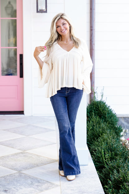 POL Solid Long Sleeve V Neck Ruffle Blouse