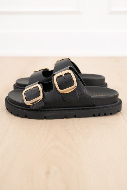 MIA Double Buckle Vegan Leather Platform Slide Sandal