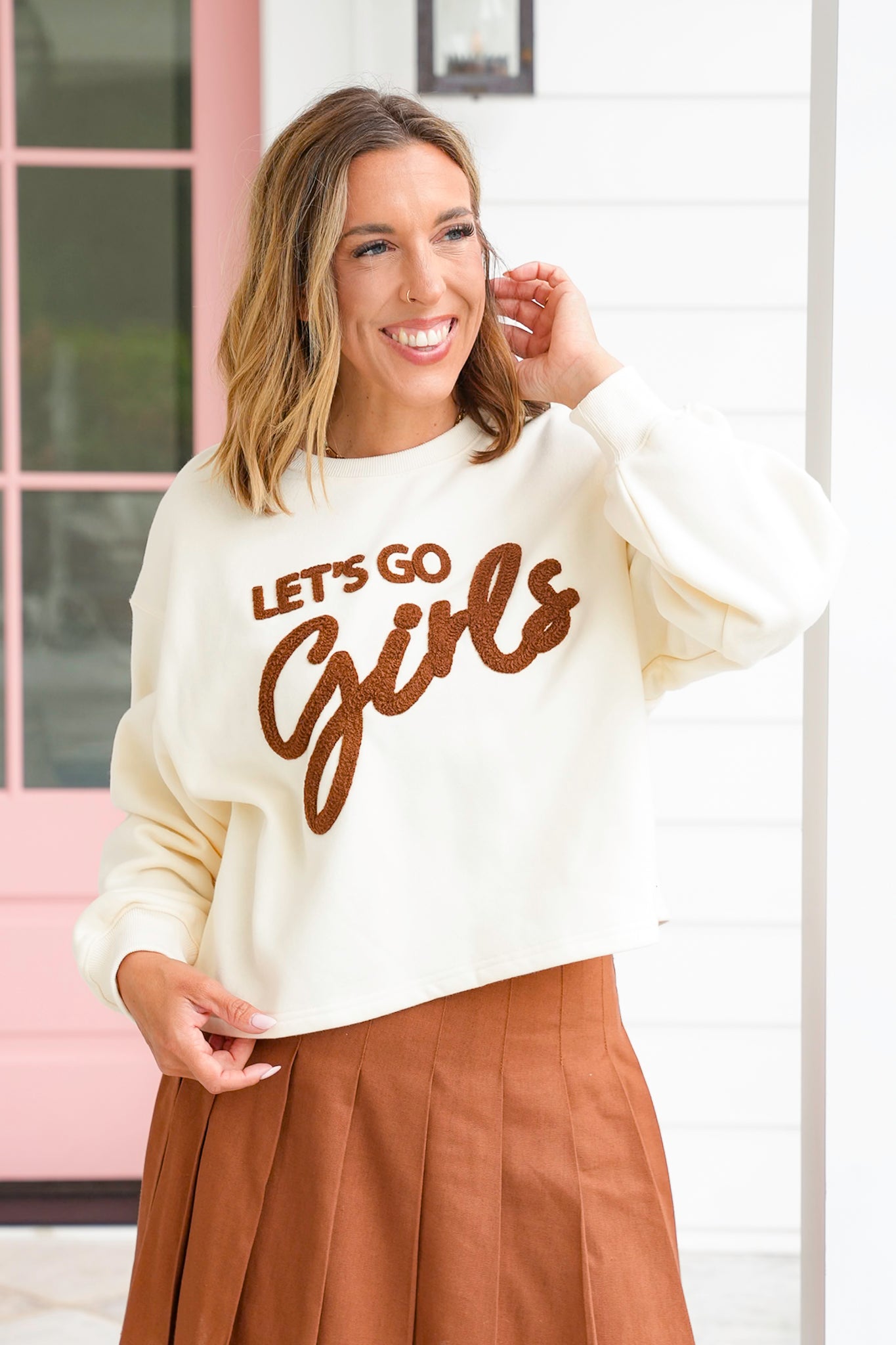 Long Sleeve Crew Neck "Let's Go Girls" Patch Sweatshirt