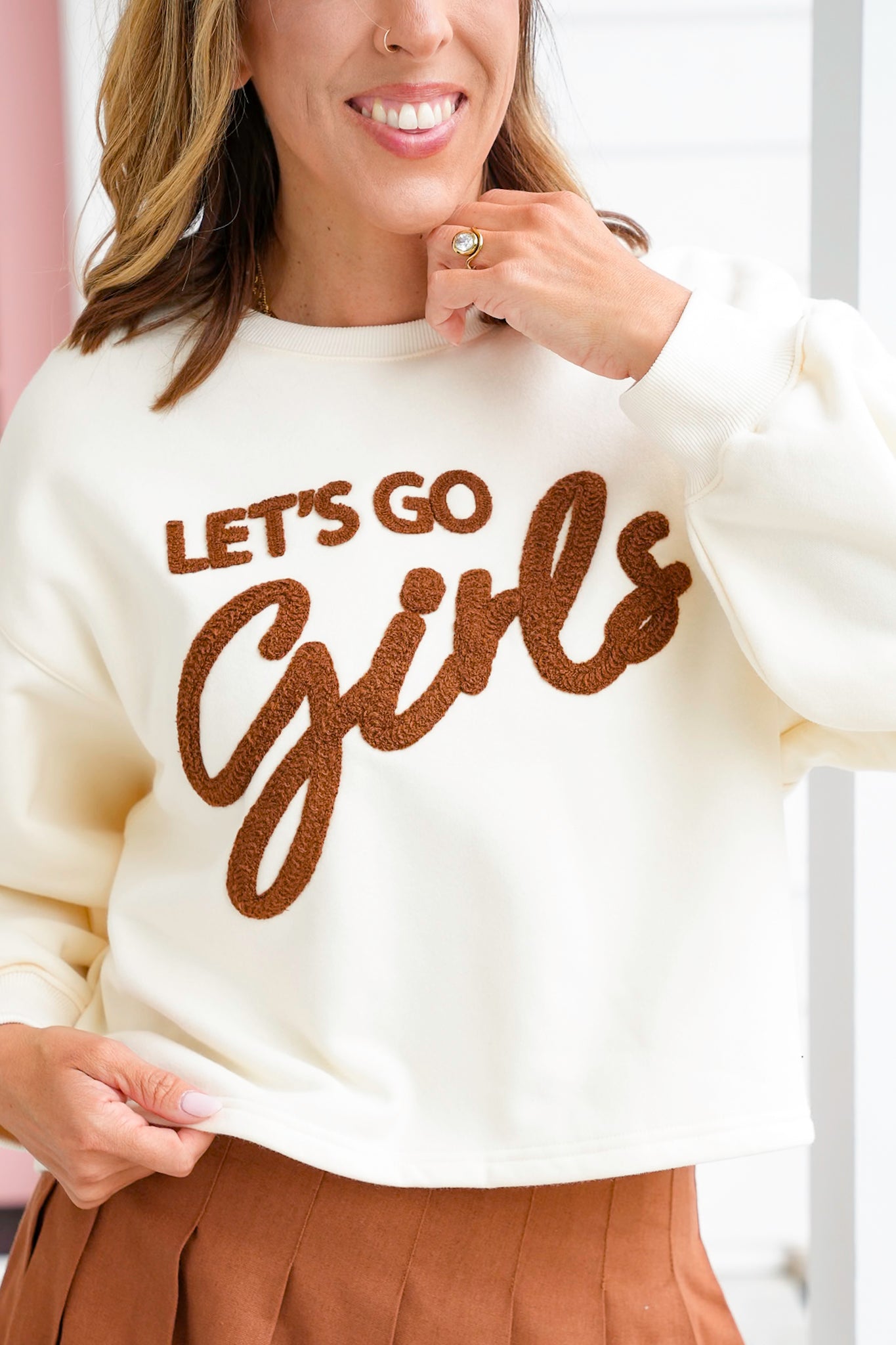 Long Sleeve Crew Neck "Let's Go Girls" Patch Sweatshirt