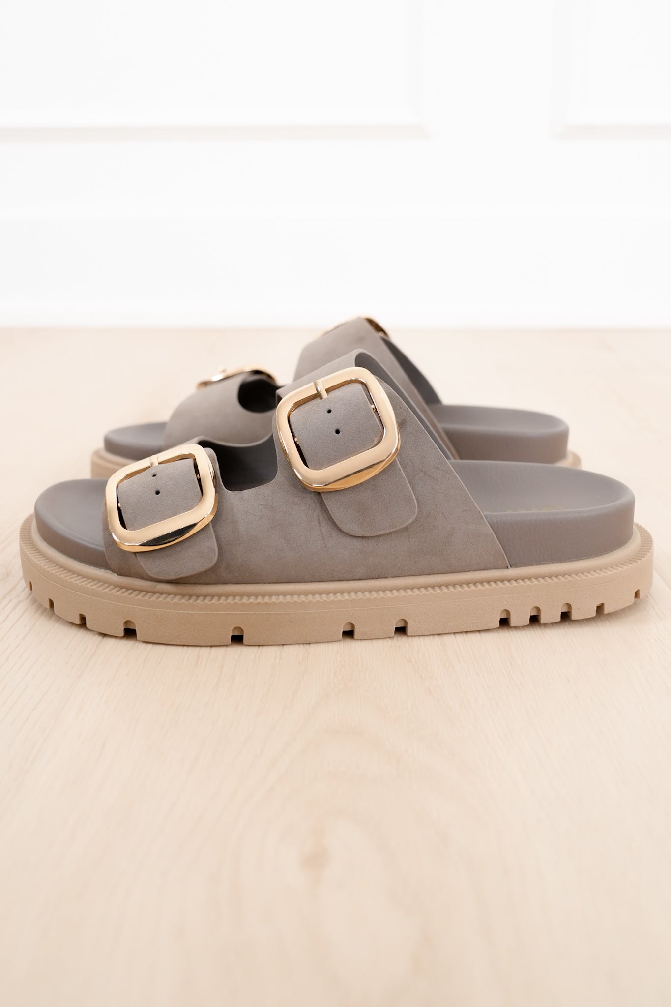 MIA Vegan Suede Double Gold Buckle Platform Slide