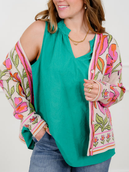 Door Buster! Plus/Reg Embroidered Floral Sleeveless V Neck Top
