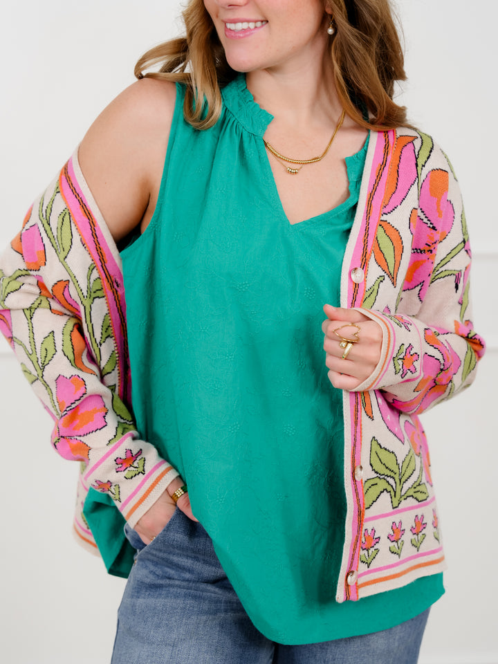 Door Buster! Plus/Reg Embroidered Floral Sleeveless V Neck Top
