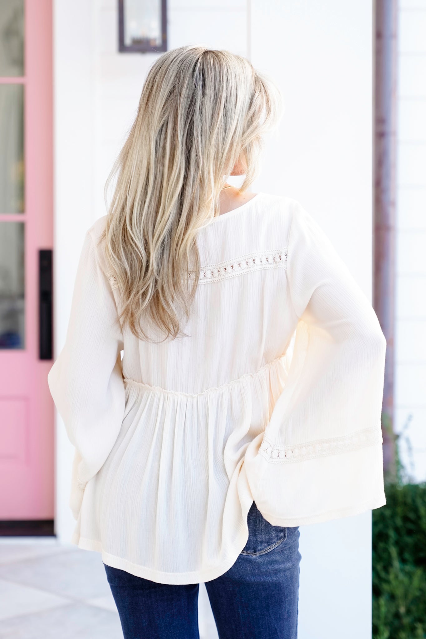 POL Solid Long Sleeve V Neck Ruffle Blouse