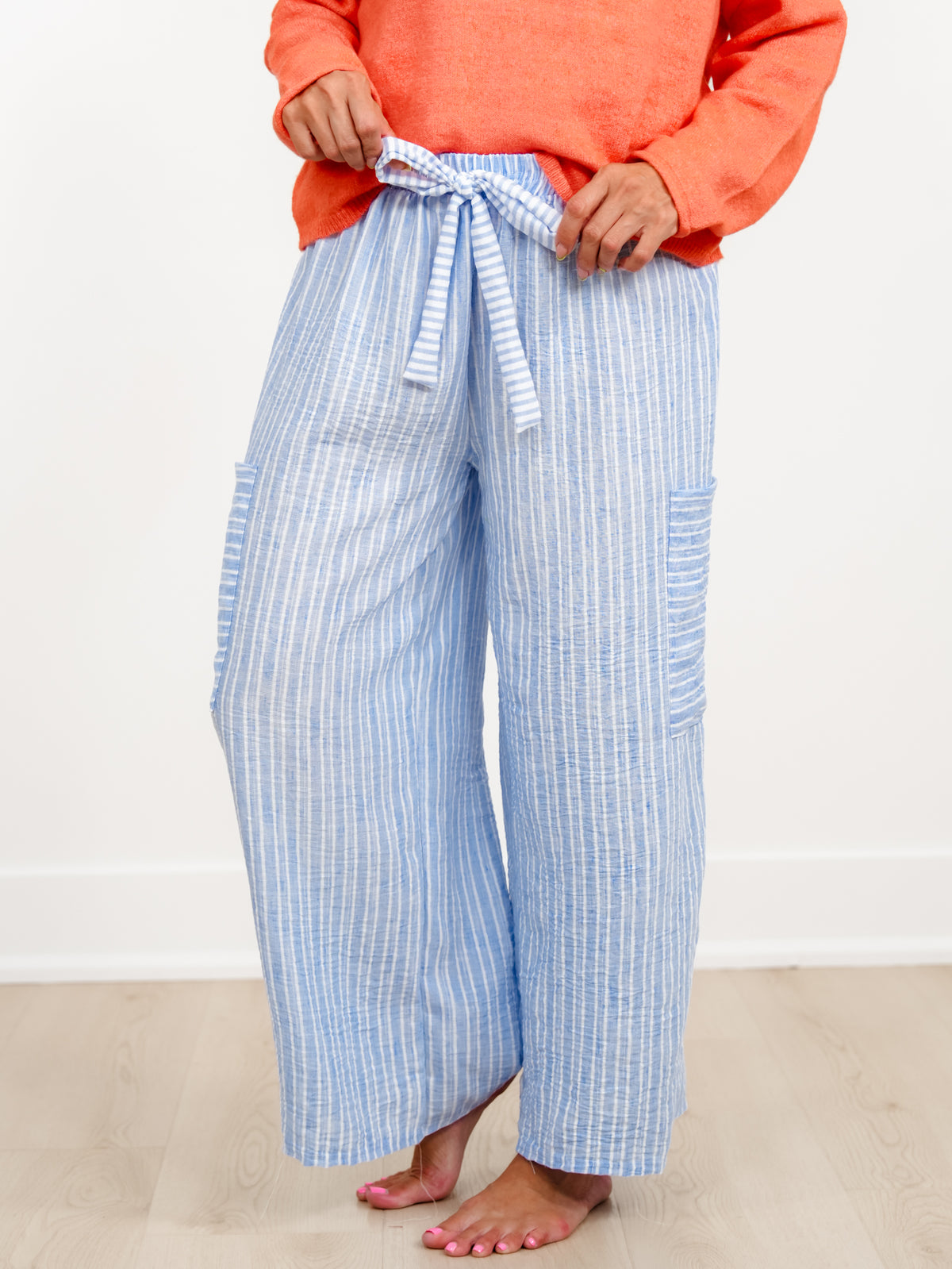 Plus/Reg Stripe Pattern Wide Leg Pants With Pockets