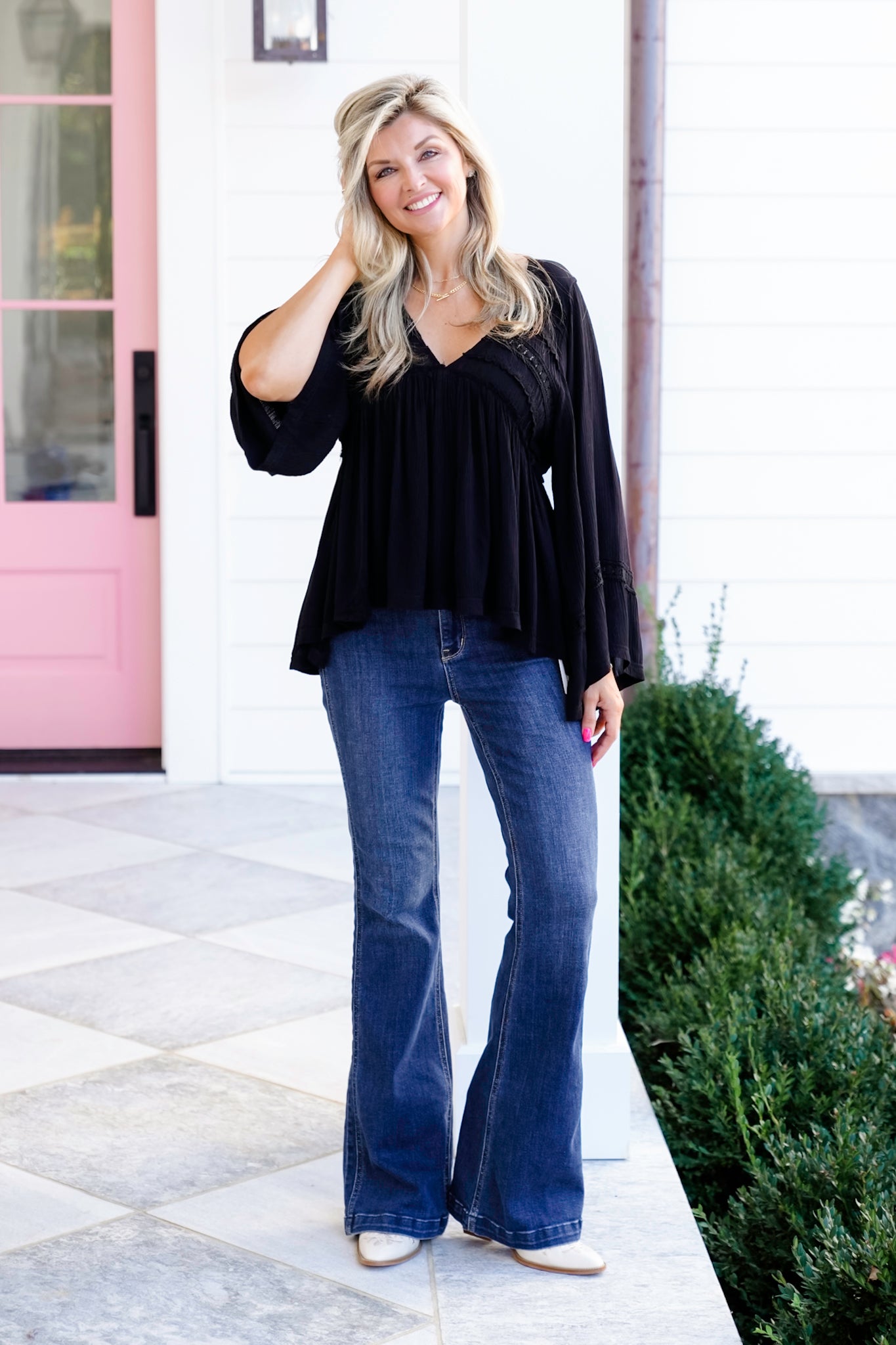 POL Solid Long Sleeve V Neck Ruffle Blouse