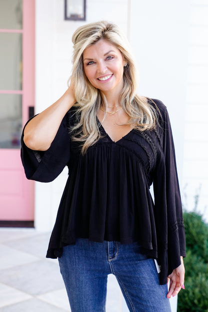 POL Solid Long Sleeve V Neck Ruffle Blouse