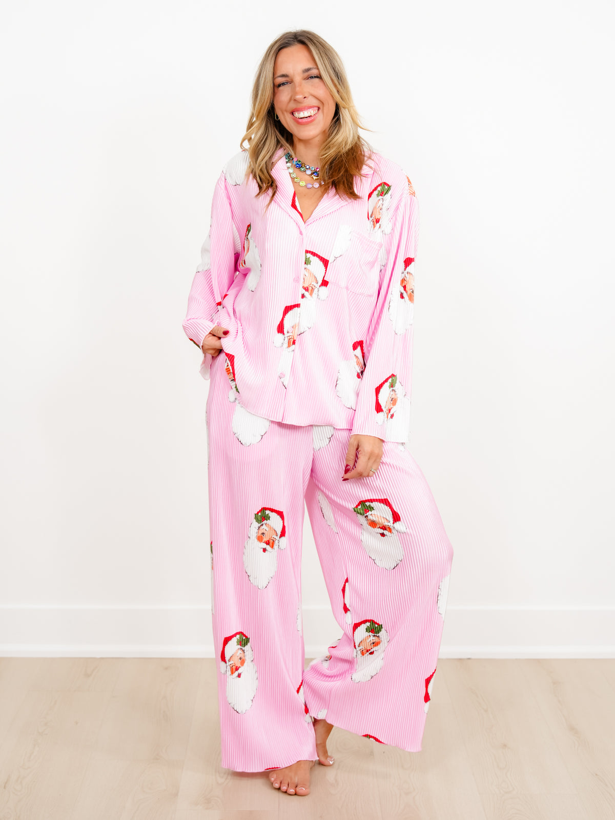 Santa Print Long Sleeve Top and Pants Lounge Set - Freckled Poppy