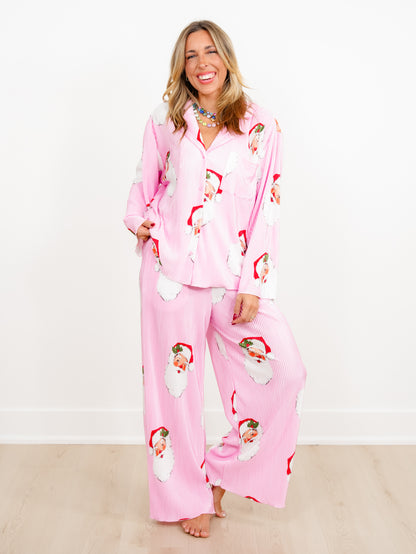 Santa Print Long Sleeve Top and Pants Lounge Set - Freckled Poppy