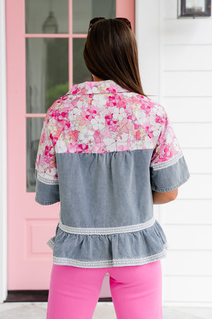 Short Sleeve Button Down Top with Floral and Lace Detail