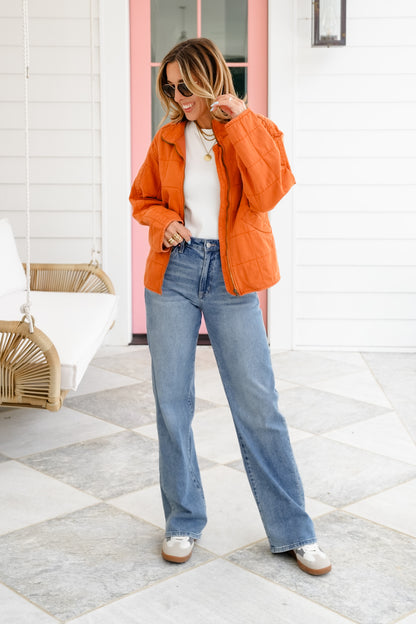 Washed Quilted Long Sleeve Zip-Up Jacket