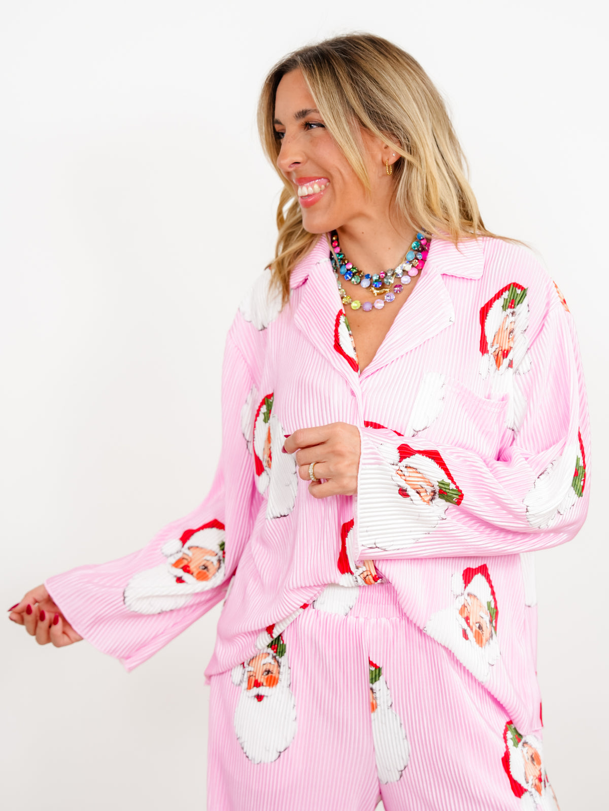 Santa Print Long Sleeve Top and Pants Lounge Set - Freckled Poppy