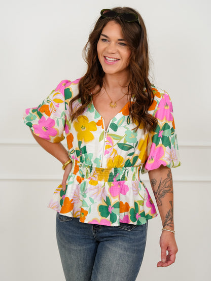 Floral Short Puff Sleeve 1/4 Zip Peplum Top