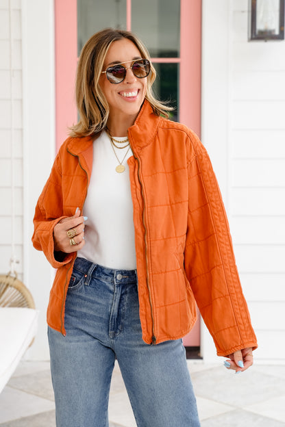 Washed Quilted Long Sleeve Zip-Up Jacket