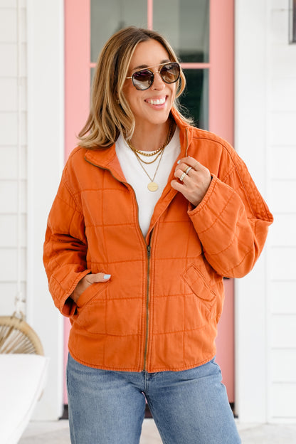 Washed Quilted Long Sleeve Zip-Up Jacket